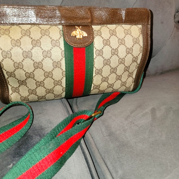 Authentic Gucci GG Supreme Coated Canvas Brown Green Red Sherry Web Clutch Bag